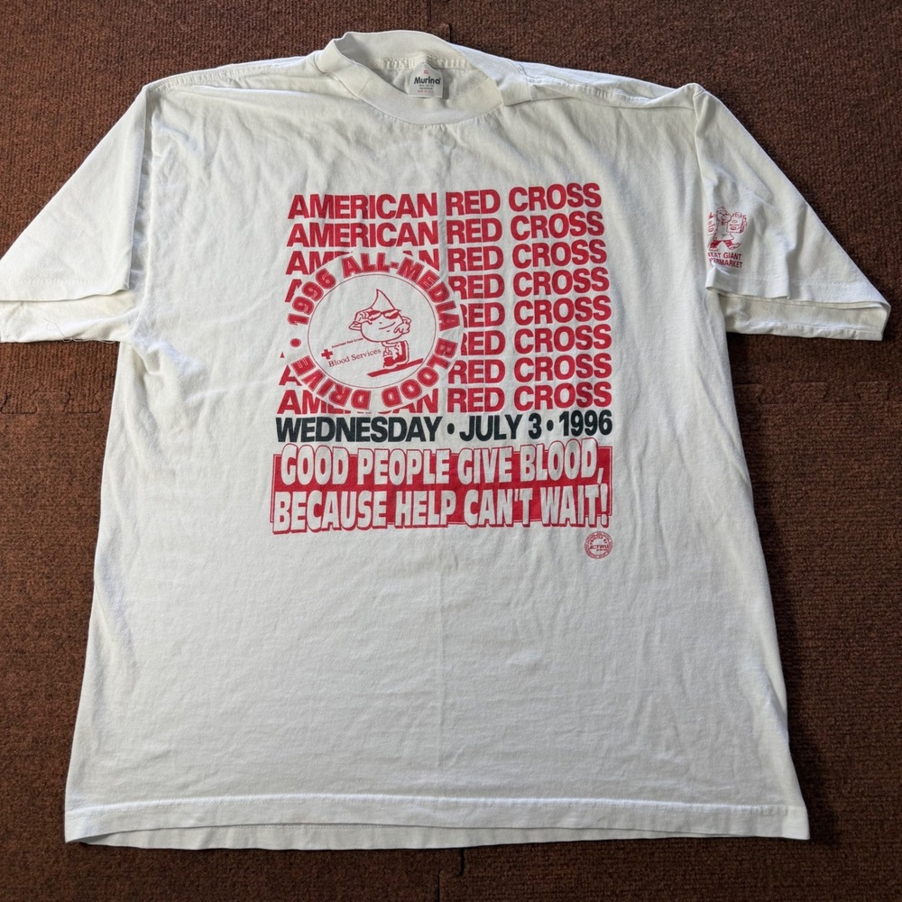 Vintage 1996 American Red Cross Blood Drive T-Shirt Murina XL White Made in USA
